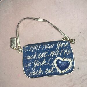 Coach Blue Script Heart Wristlet with Gold Trim